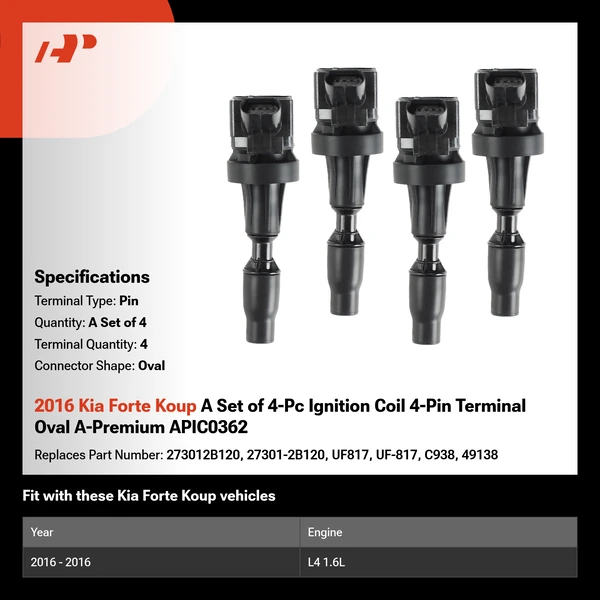 2016 Kia Forte Koup A Set of 4-Pc Ignition Coil 4-Pin Terminal Oval A-Premium APIC0362