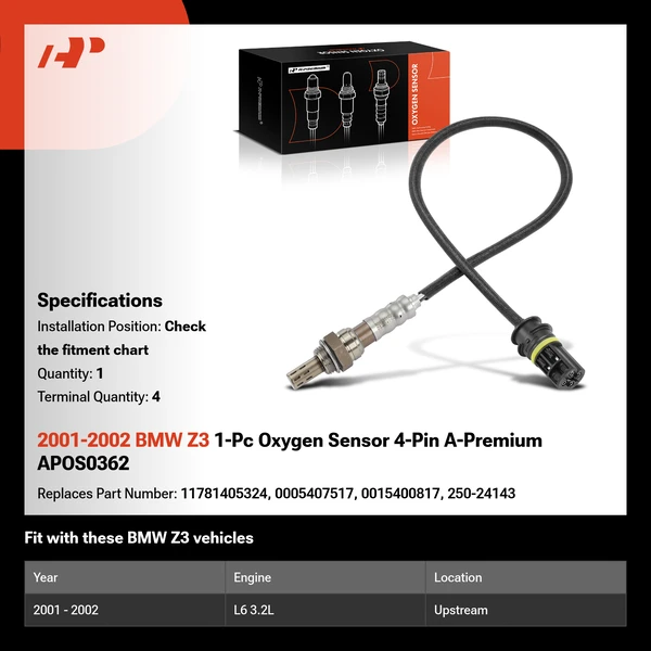 2001-2002 BMW Z3 1-Pc Oxygen Sensor 4-Pin A-Premium APOS0362
