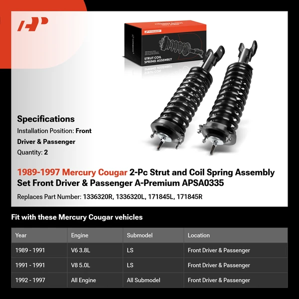 1989-1997 Mercury Cougar 2-Pc Strut and Coil Spring Assembly Set Front Driver & Passenger A-Premium APSA0335