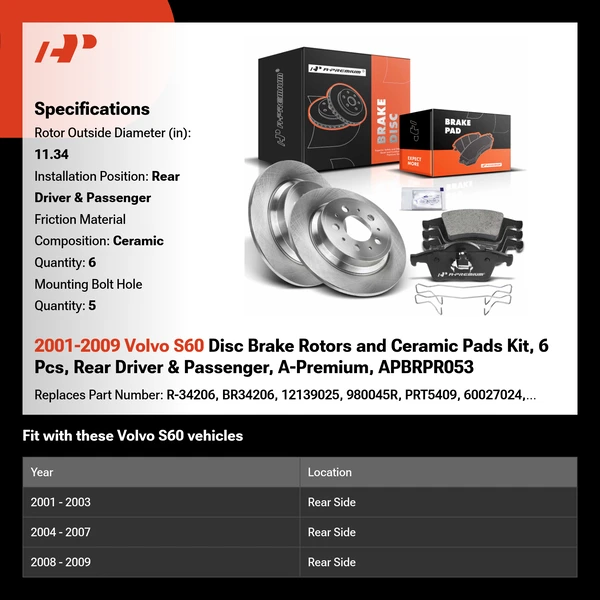 2001-2009 Volvo S60 Disc Brake Rotors and Ceramic Pads Kit, 6 Pcs, Rear Driver & Passenger, A-Premium, APBRPR053