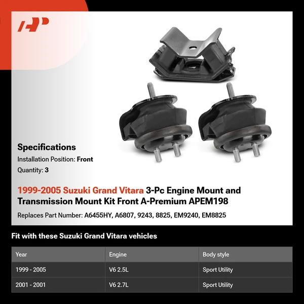 1999-2005 Suzuki Grand Vitara 3-Pc Engine Mount and Transmission Mount Kit Front A-Premium APEM198
