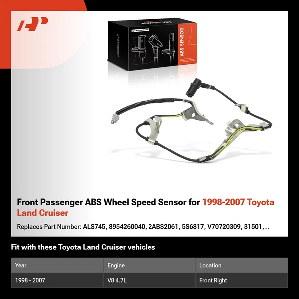 Front Passenger ABS Wheel Speed Sensor for 1998-2007 Toyota Land Cruiser