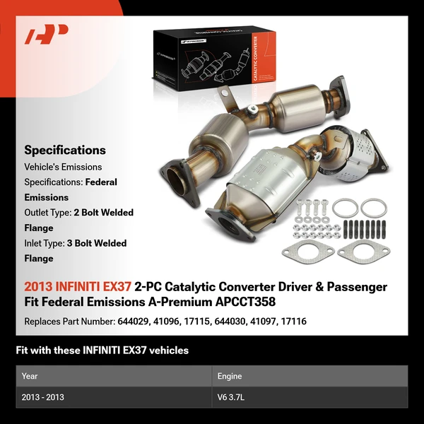 2013 INFINITI EX37 2-PC Catalytic Converter Driver & Passenger Fit Federal Emissions A-Premium APCCT358