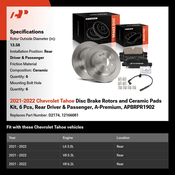 2021-2022 Chevrolet Tahoe Disc Brake Rotors and Ceramic Pads Kit, 6 Pcs, Rear Driver & Passenger, A-Premium, APBRPR1902