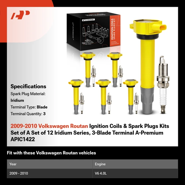 2009-2010 Volkswagen Routan Ignition Coils & Spark Plugs Kits Set of A Set of 12 Iridium Series, 3-Blade Terminal A-Premium APIC1422