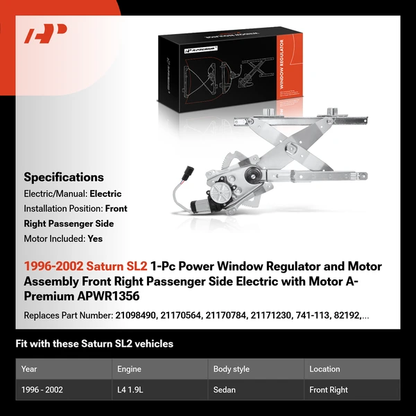 1996-2002 Saturn SL2 1-Pc Power Window Regulator and Motor Assembly Front Right Passenger Side Electric with Motor A-Premium APWR1356