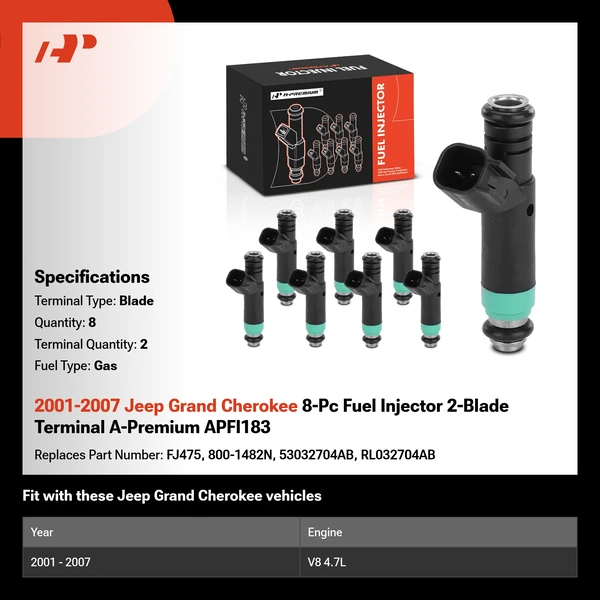 2001-2007 Jeep Grand Cherokee 8-Pc Fuel Injector 2-Blade Terminal A-Premium APFI183