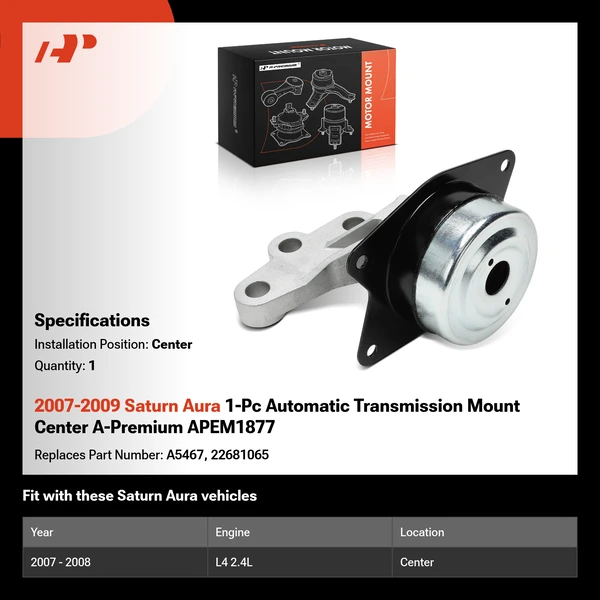 2007-2009 Saturn Aura 1-Pc Automatic Transmission Mount Center A-Premium APEM1877
