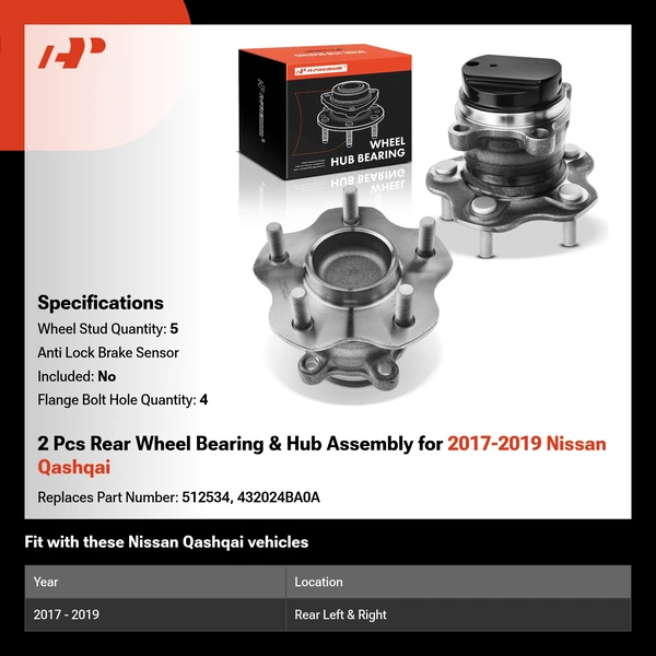 2 Pcs Rear Wheel Bearing & Hub Assembly for 2017-2019 Nissan Qashqai