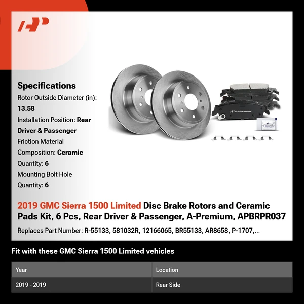 2019 GMC Sierra 1500 Limited Disc Brake Rotors and Ceramic Pads Kit, 6 Pcs, Rear Driver & Passenger, A-Premium, APBRPR037