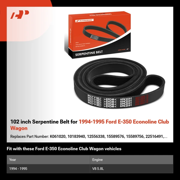 102 inch Serpentine Belt for 1994-1995 Ford E-350 Econoline Club Wagon