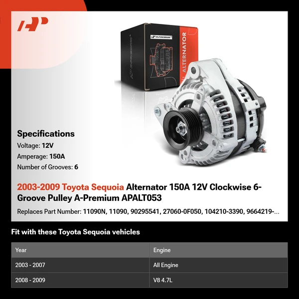2003-2009 Toyota Sequoia Alternator 150A 12V Clockwise 6-Groove Pulley A-Premium APALT053