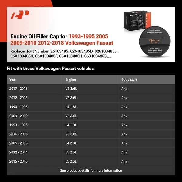 Engine Oil Filler Cap for 1993-1995 2005 2009-2010 2012-2018 Volkswagen Passat