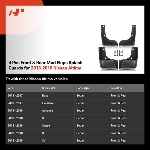 4 Pcs Front & Rear Mud Flaps Splash Guards for 2013-2018 Nissan Altima