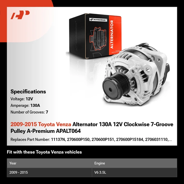 2009-2015 Toyota Venza Alternator 130A 12V Clockwise 7-Groove Pulley A-Premium APALT064