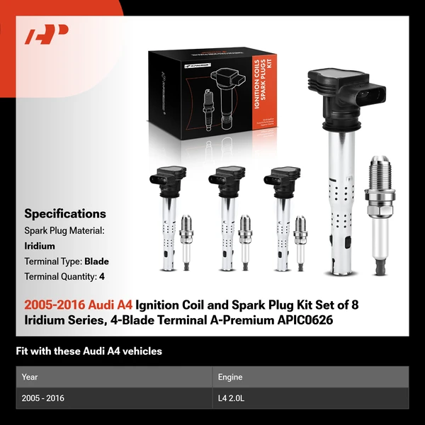 2005-2016 Audi A4 Ignition Coil and Spark Plug Kit Set of 8 Iridium Series, 4-Blade Terminal A-Premium APIC0626