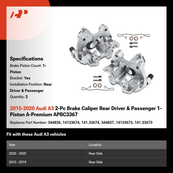 2015-2020 Audi A3 2-Pc Brake Caliper Rear Driver & Passenger 1-Piston A-Premium APBC3367