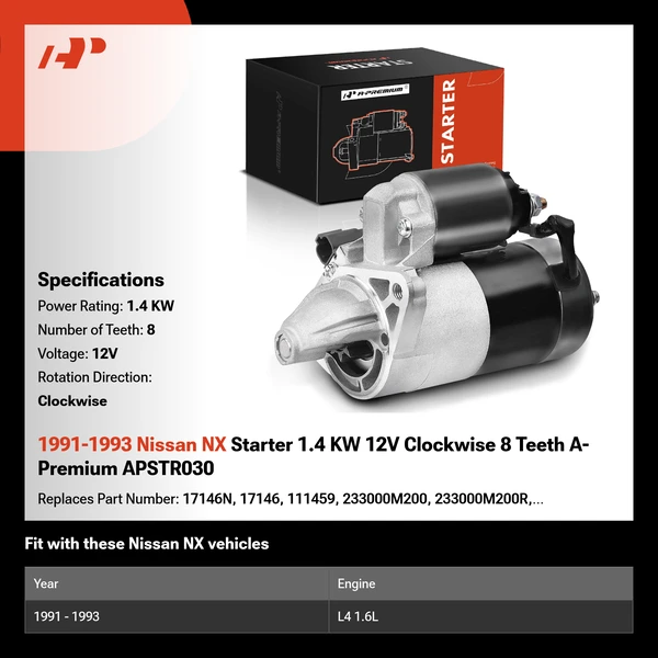 1991-1993 Nissan NX Starter 1.4 KW 12V Clockwise 8 Teeth A-Premium APSTR030