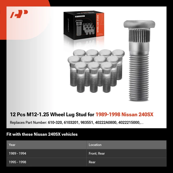 12 Pcs M12-1.25 Wheel Lug Stud for 1989-1998 Nissan 240SX