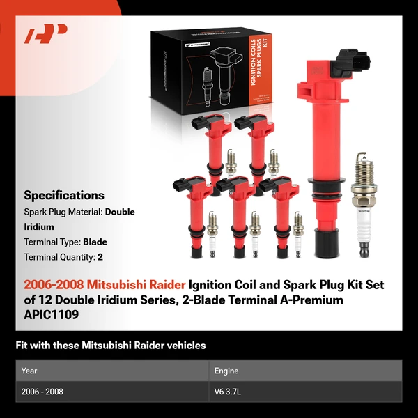 2006-2008 Mitsubishi Raider Ignition Coil and Spark Plug Kit Set of 12 Double Iridium Series, 2-Blade Terminal A-Premium APIC1109