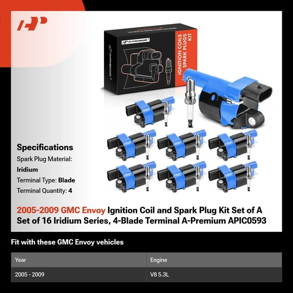 2005-2009 GMC Envoy Ignition Coil and Spark Plug Kit Set of A Set of 16 Iridium Series, 4-Blade Terminal A-Premium APIC0593