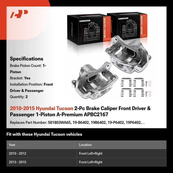 2010-2015 Hyundai Tucson 2-Pc Brake Caliper Front Driver & Passenger 1-Piston A-Premium APBC2167