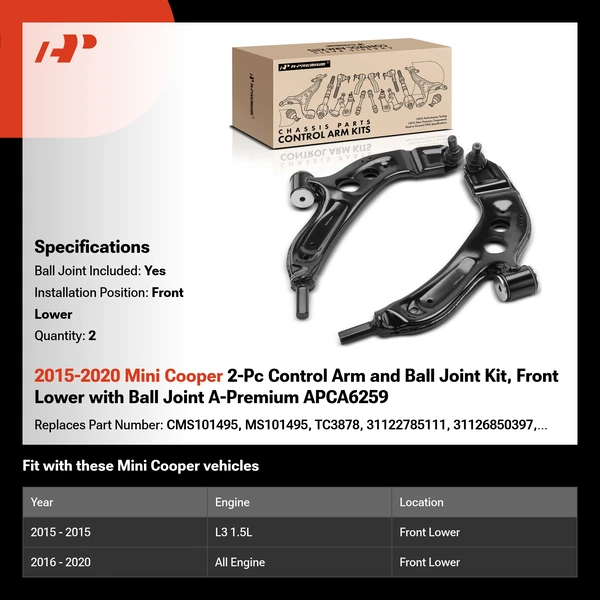 2015-2020 Mini Cooper 2-Pc Control Arm and Ball Joint Kit, Front Lower with Ball Joint A-Premium APCA6259