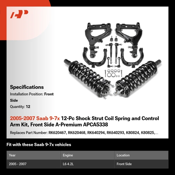 2005-2007 Saab 9-7x 12-Pc Shock Strut Coil Spring and Control Arm Kit, Front Side A-Premium APCA5338