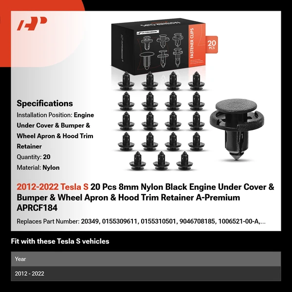 2012-2022 Tesla S 20 Pcs 8mm Nylon Black Engine Under Cover & Bumper & Wheel Apron & Hood Trim Retainer A-Premium APRCF184