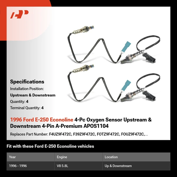 1996 Ford E-250 Econoline 4-Pc Oxygen Sensor Upstream & Downstream 4-Pin A-Premium APOS1104