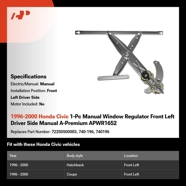 1996-2000 Honda Civic 1-Pc Manual Window Regulator Front Left Driver Side Manual A-Premium APWR1652