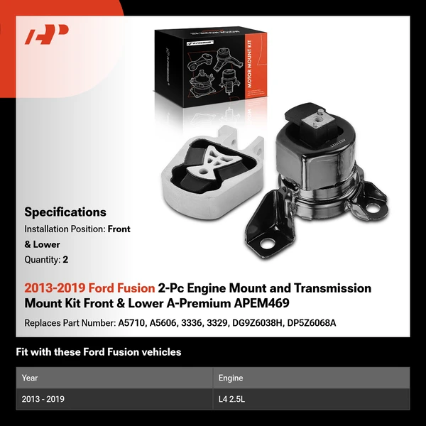 2013-2019 Ford Fusion 2-Pc Engine Mount and Transmission Mount Kit Front & Lower A-Premium APEM469