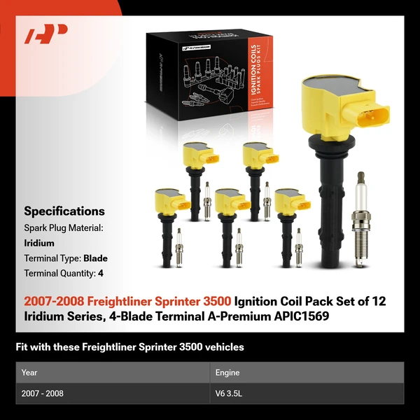 2007-2008 Freightliner Sprinter 3500 Ignition Coil Pack Set of 12 Iridium Series, 4-Blade Terminal A-Premium APIC1569