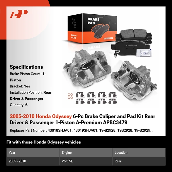 2005-2010 Honda Odyssey 6-Pc Brake Caliper and Pad Kit Rear Driver & Passenger 1-Piston A-Premium APBC3479