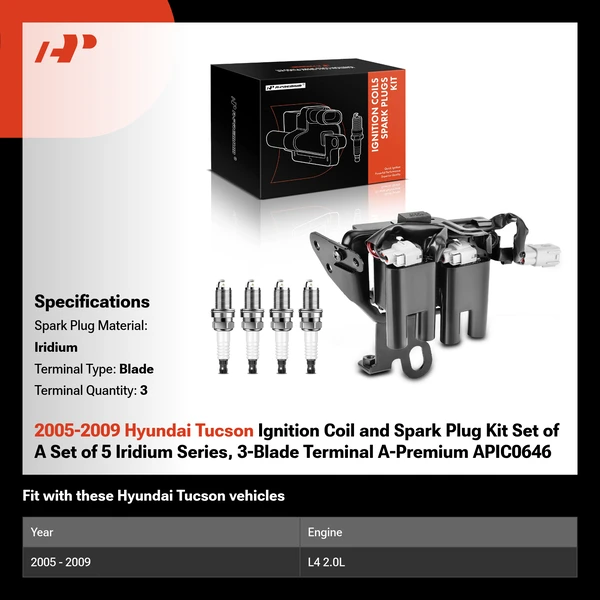 2005-2009 Hyundai Tucson Ignition Coil and Spark Plug Kit Set of A Set of 5 Iridium Series, 3-Blade Terminal A-Premium APIC0646