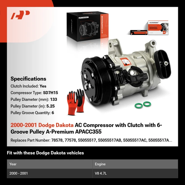 2000-2001 Dodge Dakota AC Compressor with Clutch with 6-Groove Pulley A-Premium APACC355