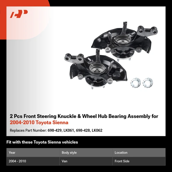 2 Pcs Front Steering Knuckle & Wheel Hub Bearing Assembly for 2004-2010 Toyota Sienna