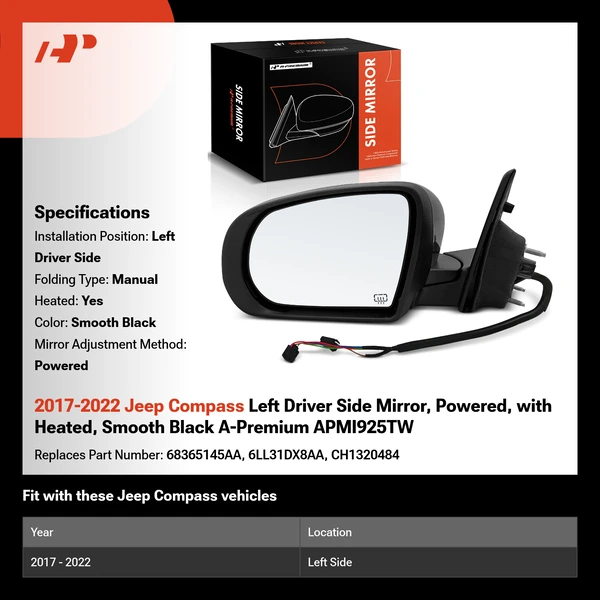 2017-2022 Jeep Compass Left Driver Side Mirror, Powered, with Heated, Smooth Black A-Premium APMI925TW