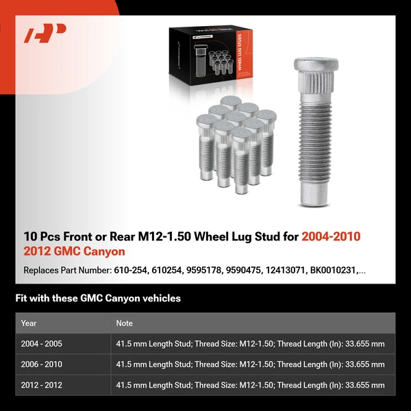 10 Pcs Front or Rear M12-1.50 Wheel Lug Stud for 2004-2010 2012 GMC Canyon