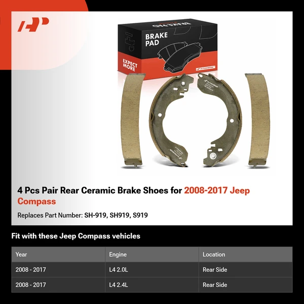 4 Pcs Pair Rear Ceramic Brake Shoes for 2008-2017 Jeep Compass