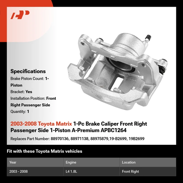 2003-2008 Toyota Matrix 1-Pc Brake Caliper Front Right Passenger Side 1-Piston A-Premium APBC1264