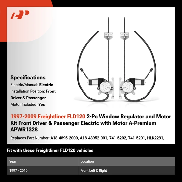 1997-2009 Freightliner FLD120 2-Pc Window Regulator and Motor Kit Front Driver & Passenger Electric with Motor A-Premium APWR1328