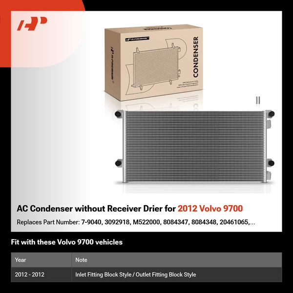 AC Condenser without Receiver Drier for 2012 Volvo 9700