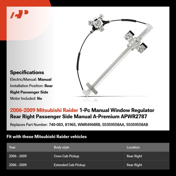 2006-2009 Mitsubishi Raider 1-Pc Manual Window Regulator Rear Right Passenger Side Manual A-Premium APWR2787