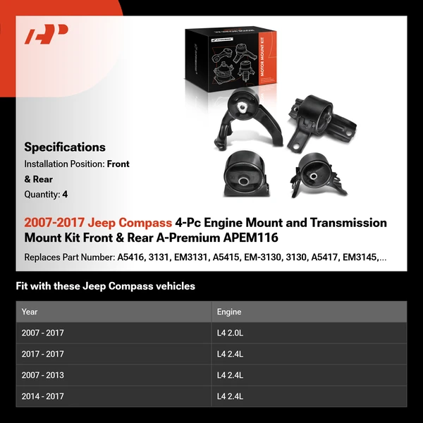 2007-2017 Jeep Compass 4-Pc Engine Mount and Transmission Mount Kit Front & Rear A-Premium APEM116