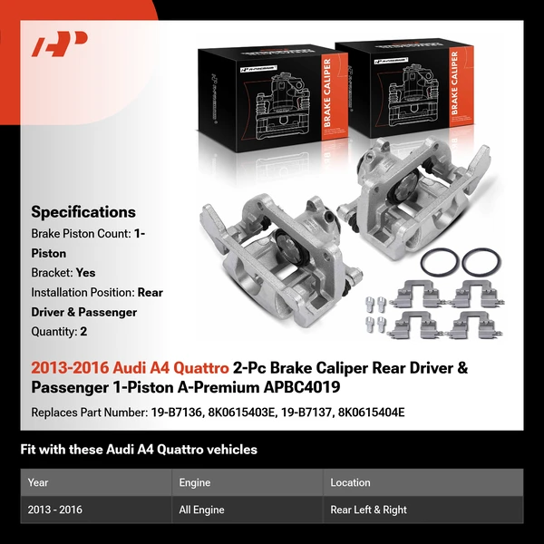 2013-2016 Audi A4 Quattro 2-Pc Brake Caliper Rear Driver & Passenger 1-Piston A-Premium APBC4019