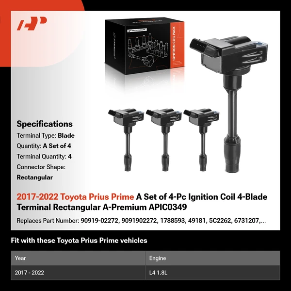 2017-2022 Toyota Prius Prime A Set of 4-Pc Ignition Coil 4-Blade Terminal Rectangular A-Premium APIC0349