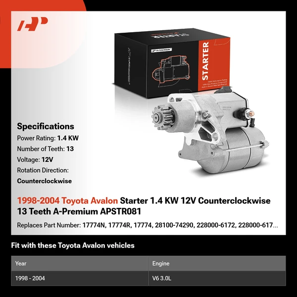 1998-2004 Toyota Avalon Starter 1.4 KW 12V Counterclockwise 13 Teeth A-Premium APSTR081