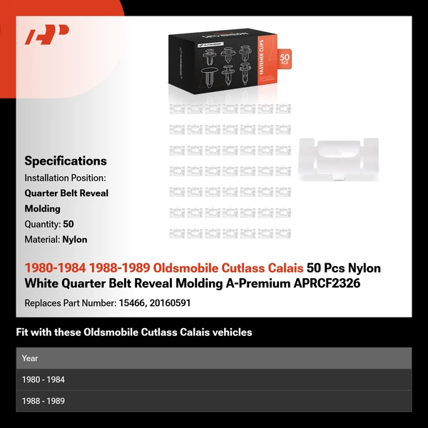 1980-1984 1988-1989 Oldsmobile Cutlass Calais 50 Pcs Nylon White Quarter Belt Reveal Molding A-Premium APRCF2326
