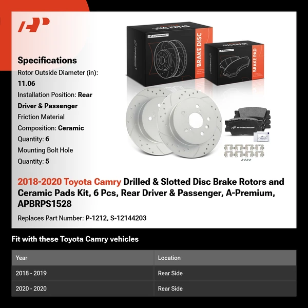 2018-2020 Toyota Camry Drilled & Slotted Disc Brake Rotors and Ceramic Pads Kit, 6 Pcs, Rear Driver & Passenger, A-Premium, APBRPS1528
